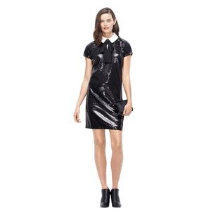 ANN TAYLOR | Black Sequin Dress Cap Sleeves Peter Pan Collar Wednesday Adams 8P